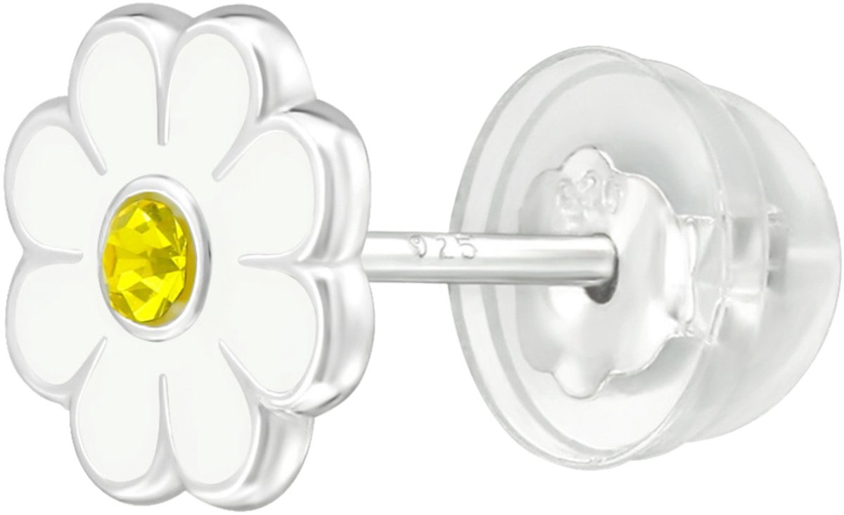 925 Zilveren Kinder Oorknopjes Bloem met Geel Kristal en Witte Emaille – Premium Sterling Zilver