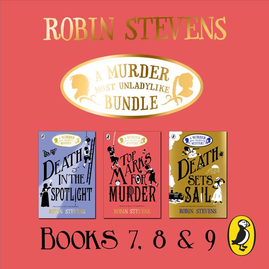 Robin Stevens: A Murder Most Unladylike Bundle boeken 7, 8 & 9. Drie boeken met illustraties van detectives, een schip en pinguïns.