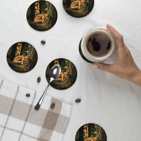 Sous-verres de verre ronds - Renard - Forêt - Dormant - 10 x 10 cm - Dessous de verre en verre - Lot de 6