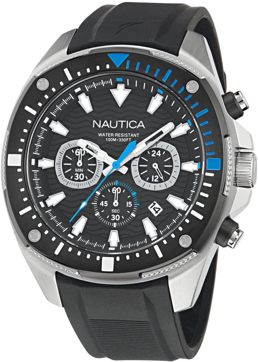 Nautica Nct Bluesail Quartz Analoog Horloge Zwart Material 100% Roestvrij Staal 100% Siliconaarmband 46 mm NAPBSF501, NAPBSF502, NAPBSF503