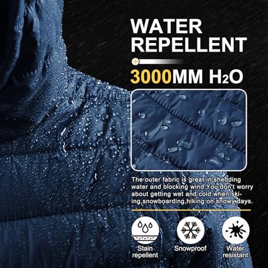 Outdoor Ventures Bufferjas voor heren, lichte waterdichte jas met capuchon, geïsoleerde pofjas, opbergbare winterjas voor heren, met zakken, voor wandelen, kamperen, reizen, Klassiek zwart., M