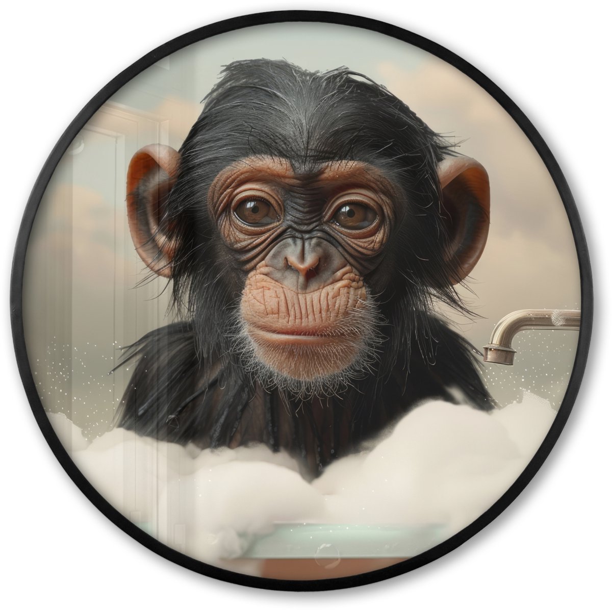 FrameYourWall Poster in lijst Rond - Fotolijst 60x60 cm - Posters - Aap - Dieren - Bad - Schuim - Ronde posterlijst zwart - Decoratie - Wanddecoratie woonkamer - Muurdecoratie slaapkamer Aap - Bad