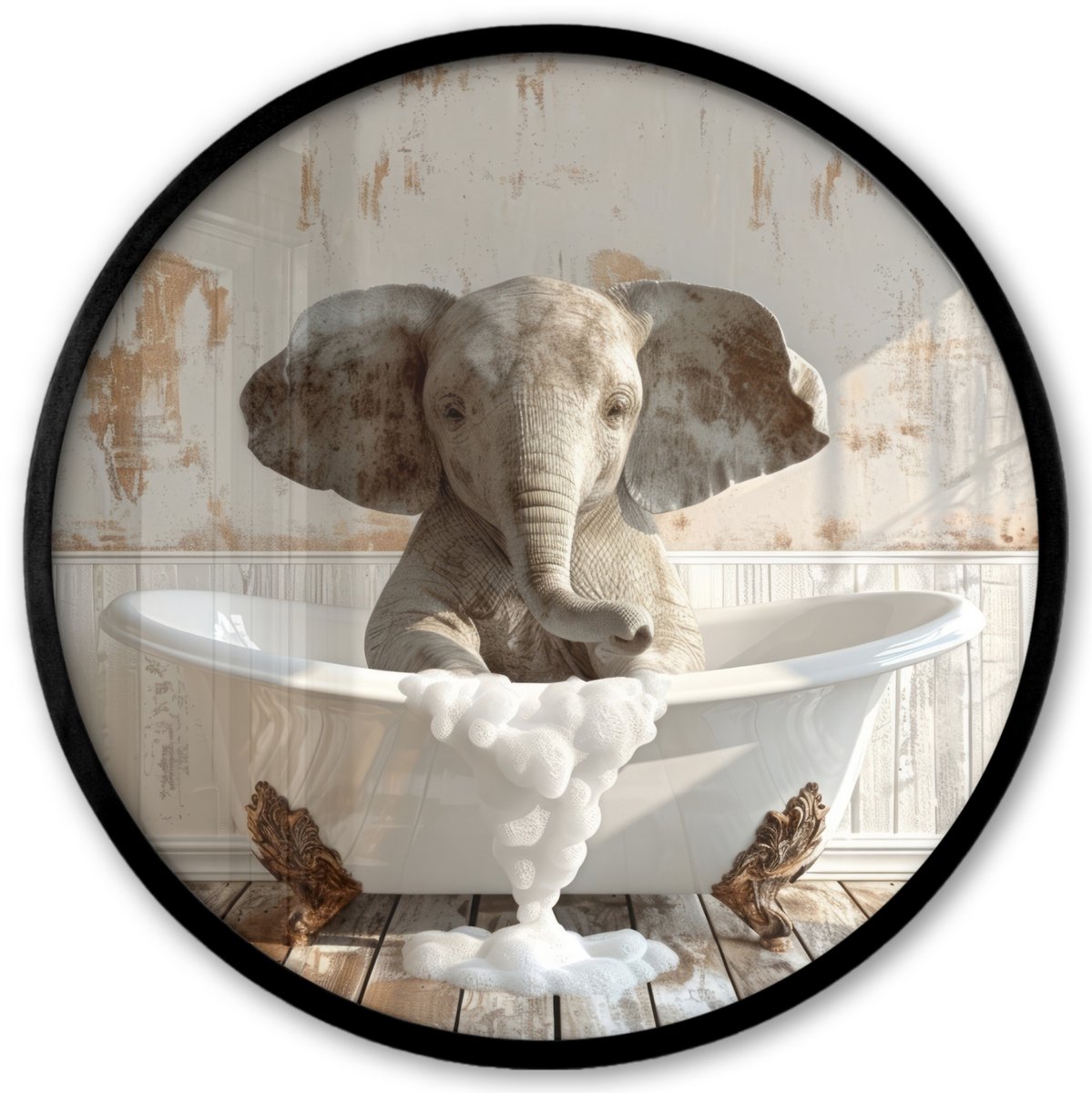 FrameYourWall Poster in lijst Rond - Fotolijst 40x40 cm - Posters - Vintage - Olifant - Badkuip - Schuim - Wilde dieren - Ronde posterlijst zwart - Decoratie - Wanddecoratie woonkamer - Muurdecoratie slaapkamer