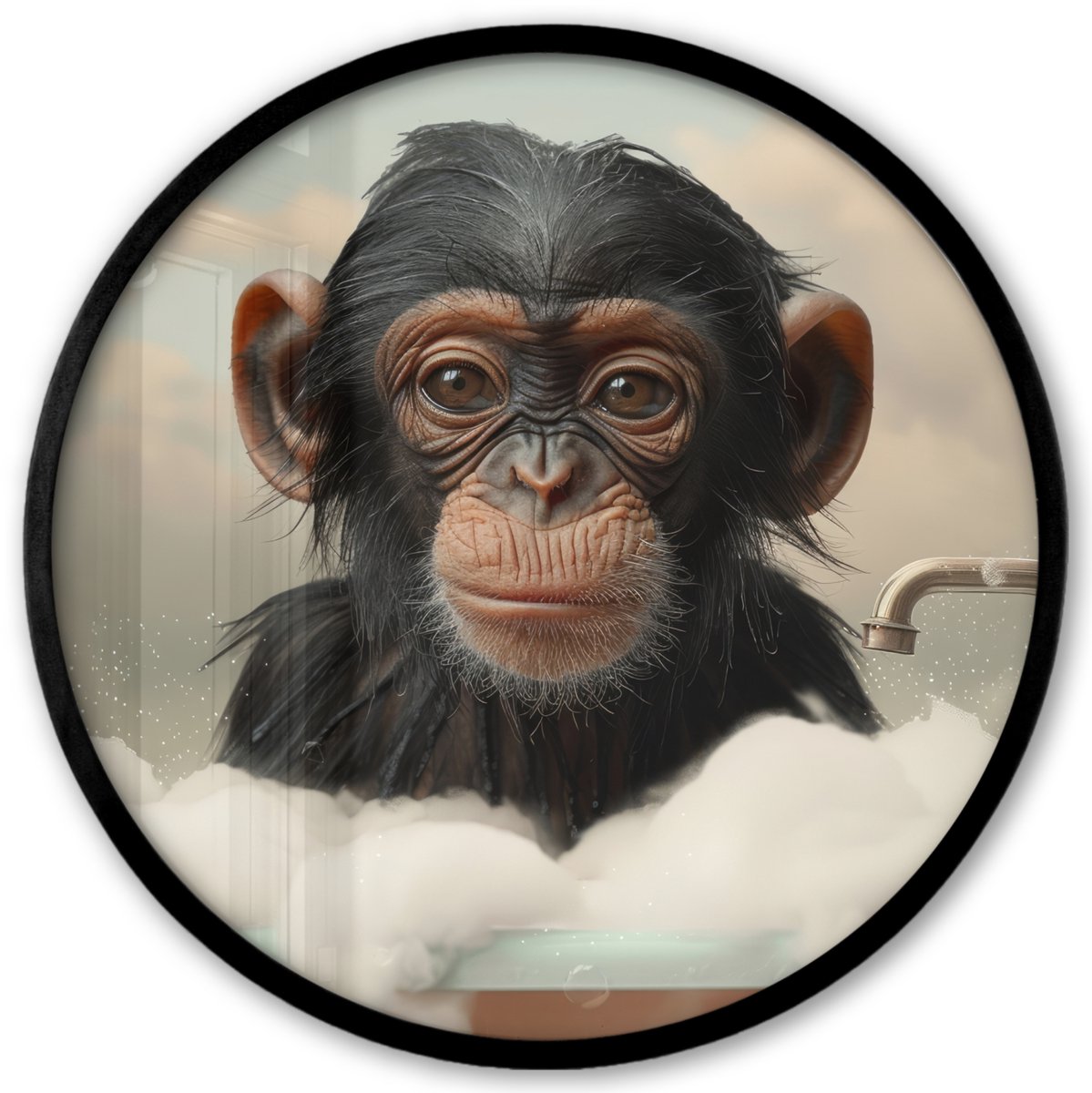 FrameYourWall Poster in lijst Rond - Fotolijst 40x40 cm - Posters - Aap - Dieren - Bad - Schuim - Ronde posterlijst zwart - Decoratie - Wanddecoratie woonkamer - Muurdecoratie slaapkamer Aap - Bad