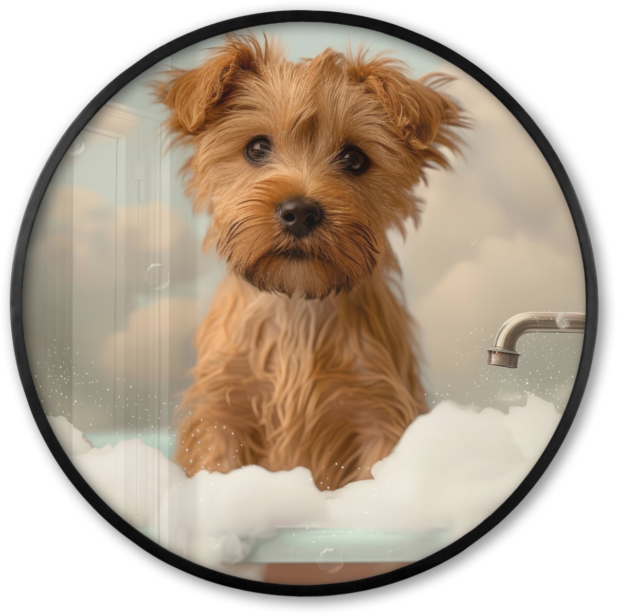 FrameYourWall Poster in lijst Rond - Fotolijst 60x60 cm - Posters - Hond - Bad - Dieren - Schuim - Ronde posterlijst zwart - Decoratie - Wanddecoratie woonkamer - Muurdecoratie slaapkamer