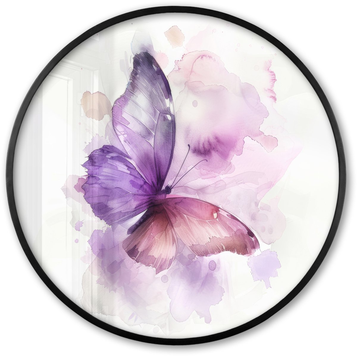 FrameYourWall Poster in lijst Rond - Fotolijst 60x60 cm - Posters - Vlinder - Paars - Pastel kleuren - Ronde posterlijst zwart - Decoratie - Wanddecoratie woonkamer - Muurdecoratie slaapkamer