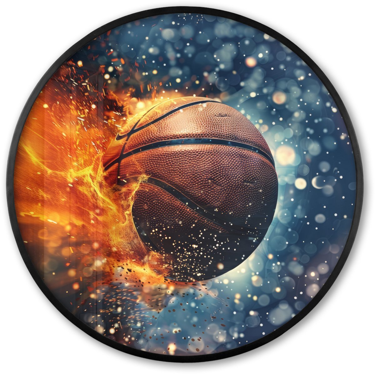 FrameYourWall Poster in lijst Rond - Fotolijst 60x60 cm - Posters - Basketbal - Vuur - Sport - Blauw - Oranje - Ronde posterlijst zwart - Decoratie - Wanddecoratie woonkamer - Muurdecoratie slaapkamer