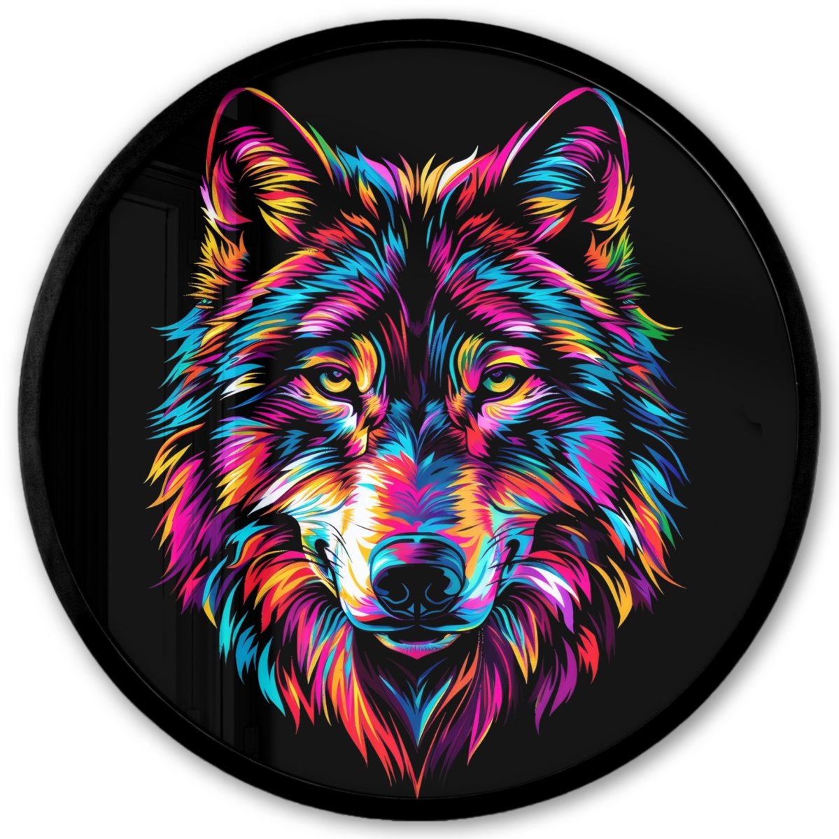 FrameYourWall Poster in lijst Rond - Fotolijst 40x40 cm - Posters - Wolf - Kleurrijk - Zwart - Dieren - Neon - Ronde posterlijst zwart - Decoratie - Wanddecoratie woonkamer - Muurdecoratie slaapkamer