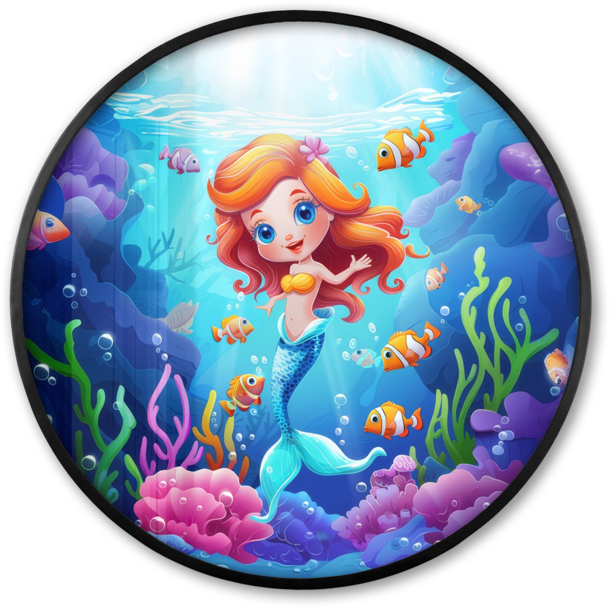 FrameYourWall Poster in lijst Rond - Fotolijst 80x80 cm - Posters - Zeemeermin - Onderwaterwereld - Vissen - Oceaan - Ronde posterlijst zwart - Decoratie - Wanddecoratie woonkamer - Muurdecoratie slaapkamer