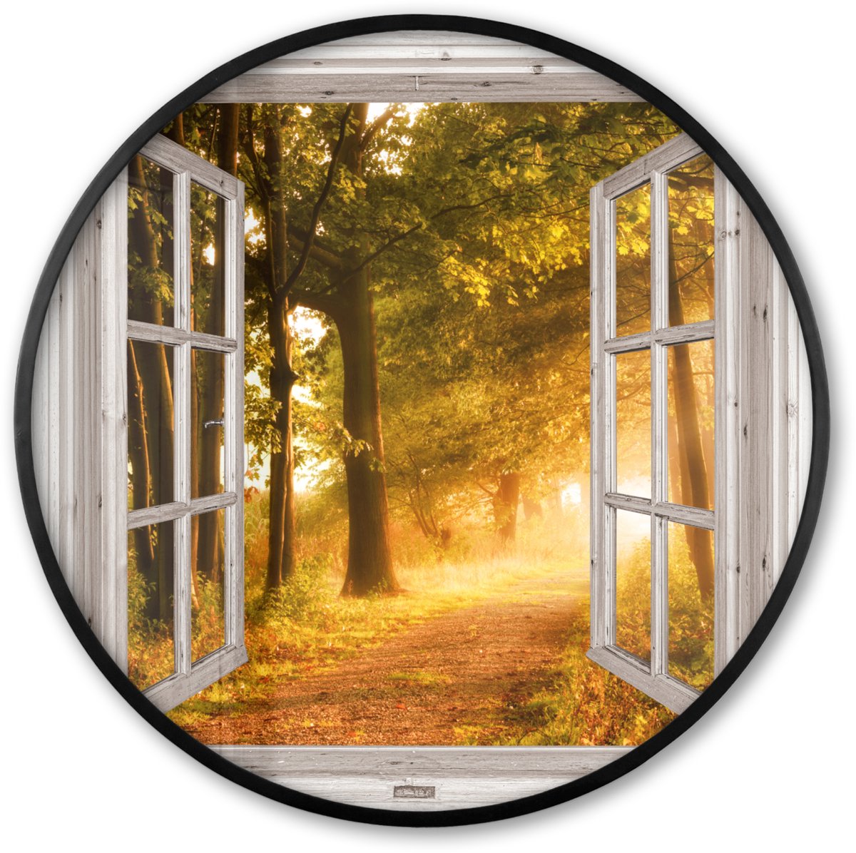 FrameYourWall Poster in lijst Rond - Fotolijst 80x80 cm - Posters - Bos - Bomen - Zonlicht - Herfst - Bospad - Natuur - Doorkijk - Ronde posterlijst zwart - Decoratie - Wanddecoratie woonkamer - Muurdecoratie slaapkamer