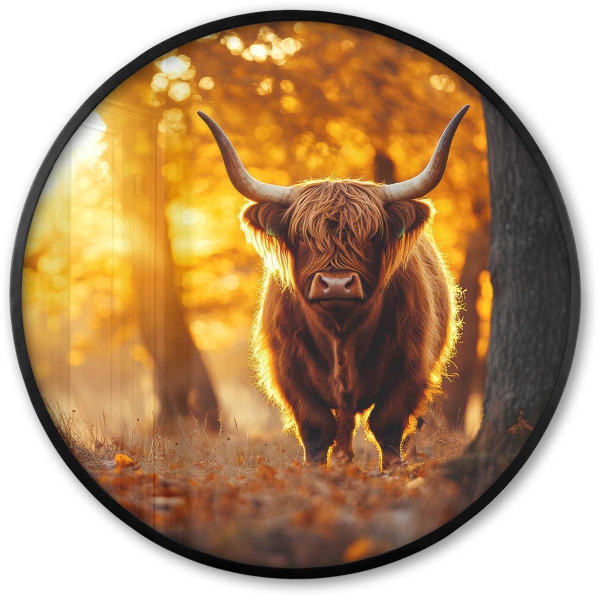 FrameYourWall Poster in lijst Rond - Fotolijst 80x80 cm - Posters - Schotse hooglander - Bos - Herfst - Dieren - Natuur - Bladeren - Ronde posterlijst zwart - Decoratie - Wanddecoratie woonkamer - Muurdecoratie slaapkamer