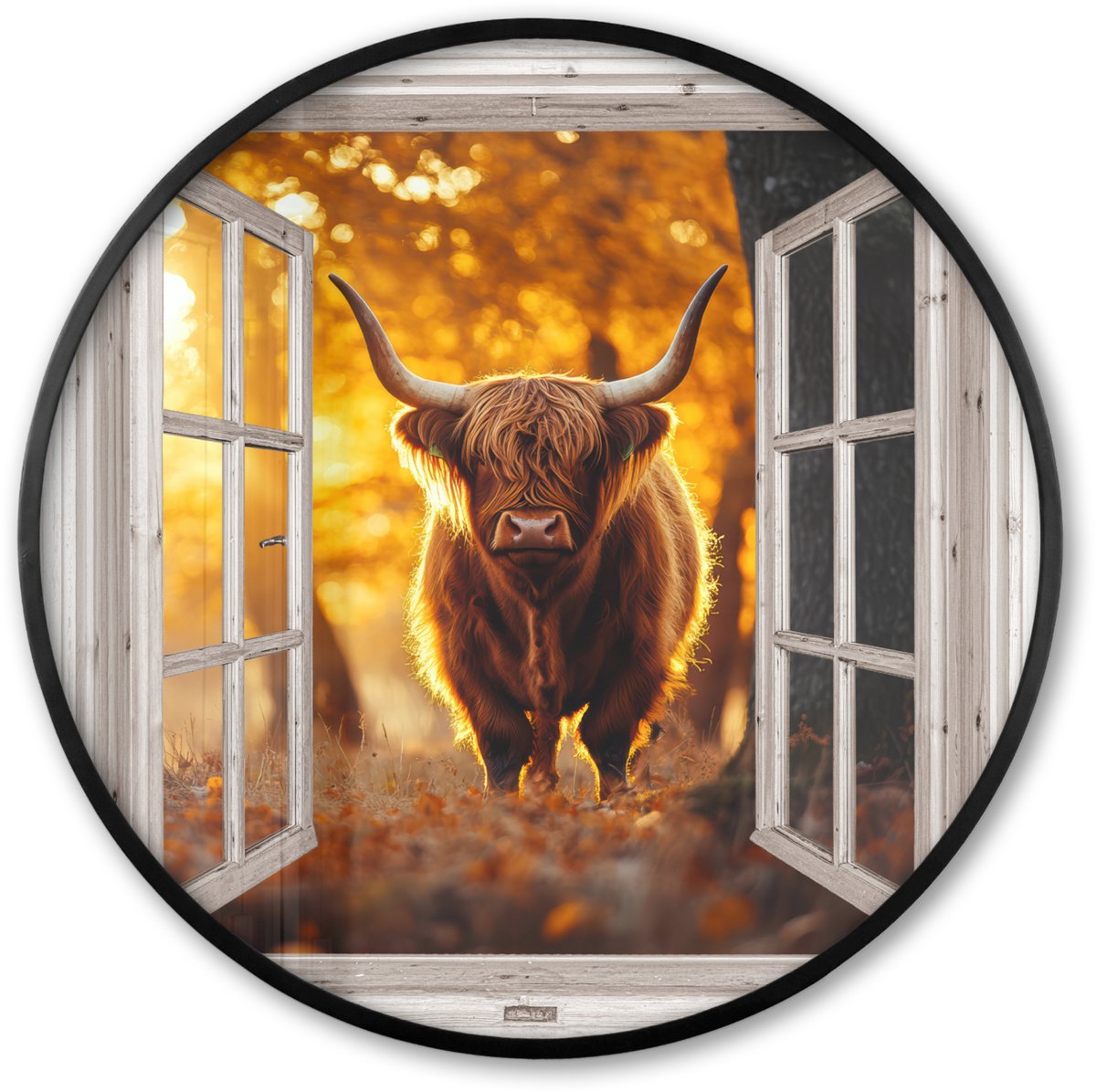 FrameYourWall Poster in lijst Rond - Fotolijst 80x80 cm - Posters - Schotse hooglander - Bos - Herfst - Dieren - Natuur - Bladeren - Doorkijk - Ronde posterlijst zwart - Decoratie - Wanddecoratie woonkamer - Muurdecoratie slaapkamer