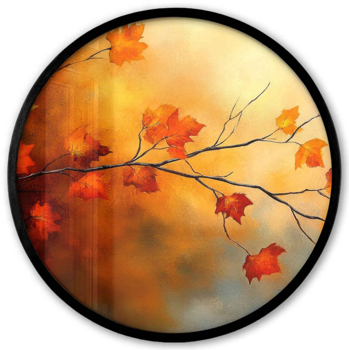 FrameYourWall Poster in lijst Rond - Fotolijst 40x40 cm - Posters - Herfstbladeren - Oranje - Abstract - Herfsttakken - Natuur - Ronde posterlijst zwart - Decoratie - Wanddecoratie woonkamer - Muurdecoratie slaapkamer