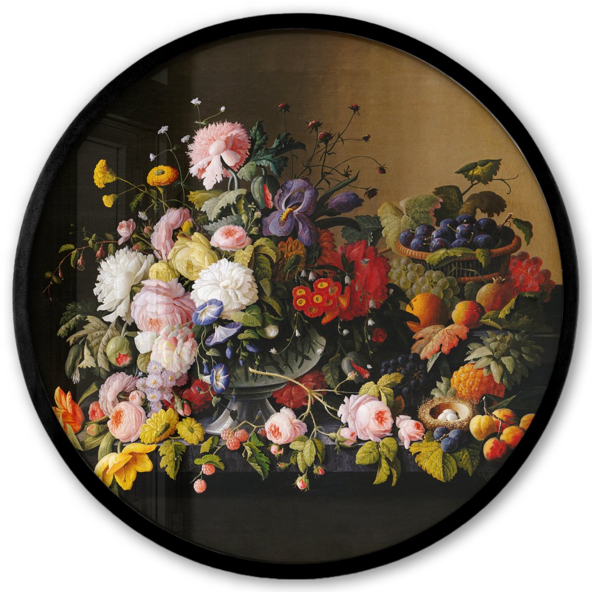 FrameYourWall Poster in lijst Rond - Fotolijst 40x40 cm - Posters - Stilleven met bloemen en fruit - Kunstwerk - Oude meesters - Ronde posterlijst zwart - Decoratie - Wanddecoratie woonkamer - Muurdecoratie slaapkamer Multicolor