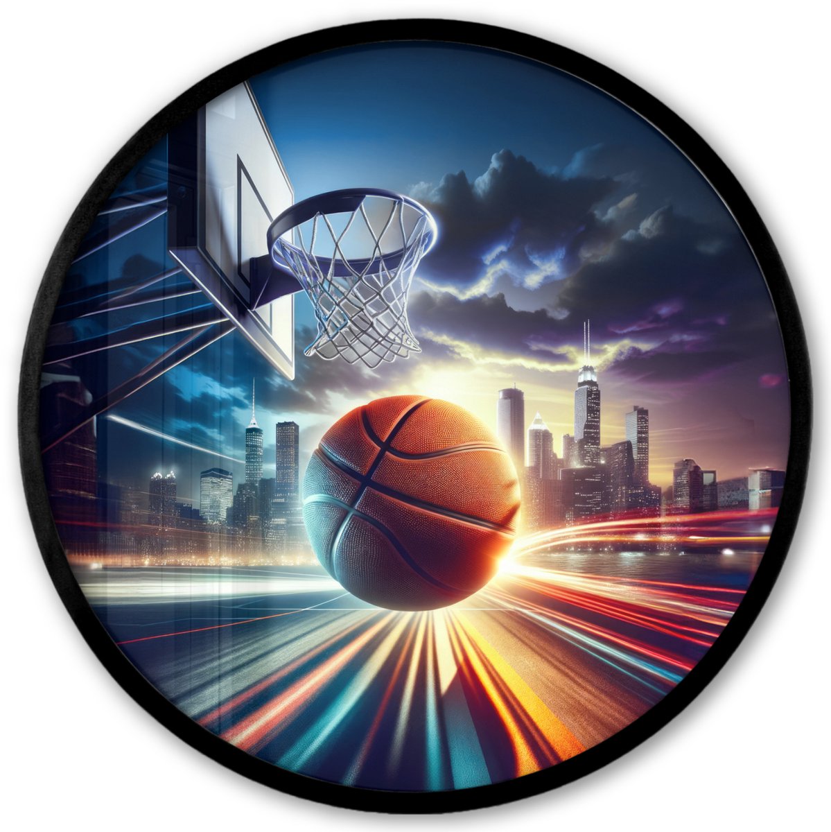 FrameYourWall Poster in lijst Rond - Fotolijst 40x40 cm - Posters - Basketbal - Sport - Basket - Stad - Ronde posterlijst zwart - Decoratie - Wanddecoratie woonkamer - Muurdecoratie slaapkamer