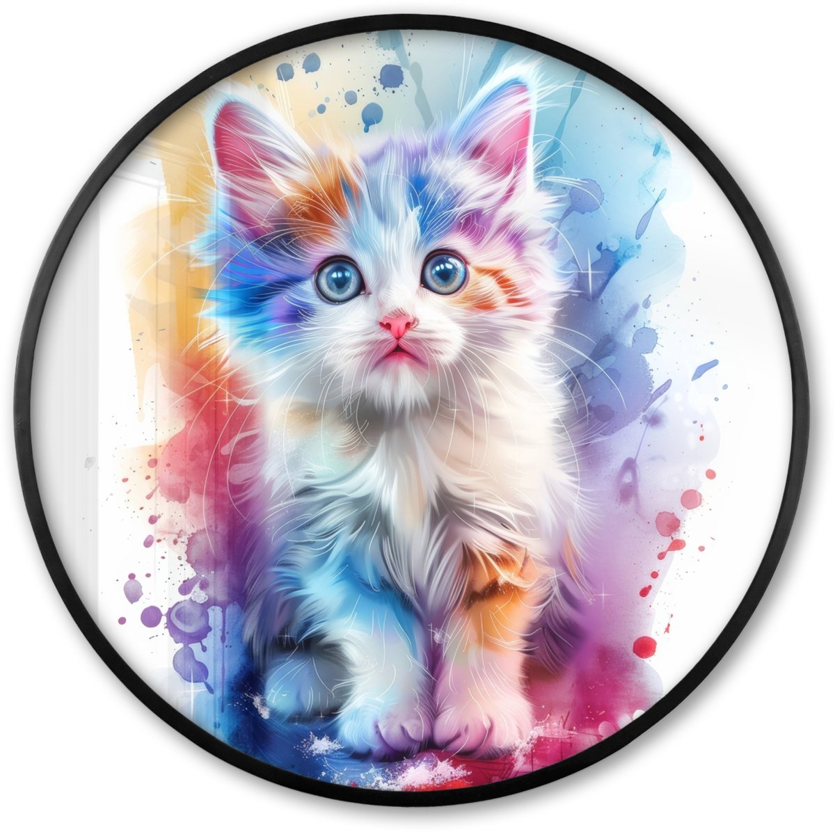 FrameYourWall Poster in lijst Rond - Fotolijst 60x60 cm - Posters - Kat - Kleurrijk - Verf - Dier - Wit - Ronde posterlijst zwart - Decoratie - Wanddecoratie woonkamer - Muurdecoratie slaapkamer Kitten - Kleurrijk