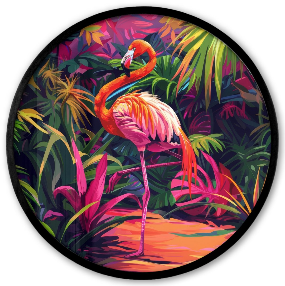 FrameYourWall Poster in lijst Rond - Fotolijst 40x40 cm - Posters - Flamingo - Tropisch - Dier - Bladeren - Ronde posterlijst zwart - Decoratie - Wanddecoratie woonkamer - Muurdecoratie slaapkamer