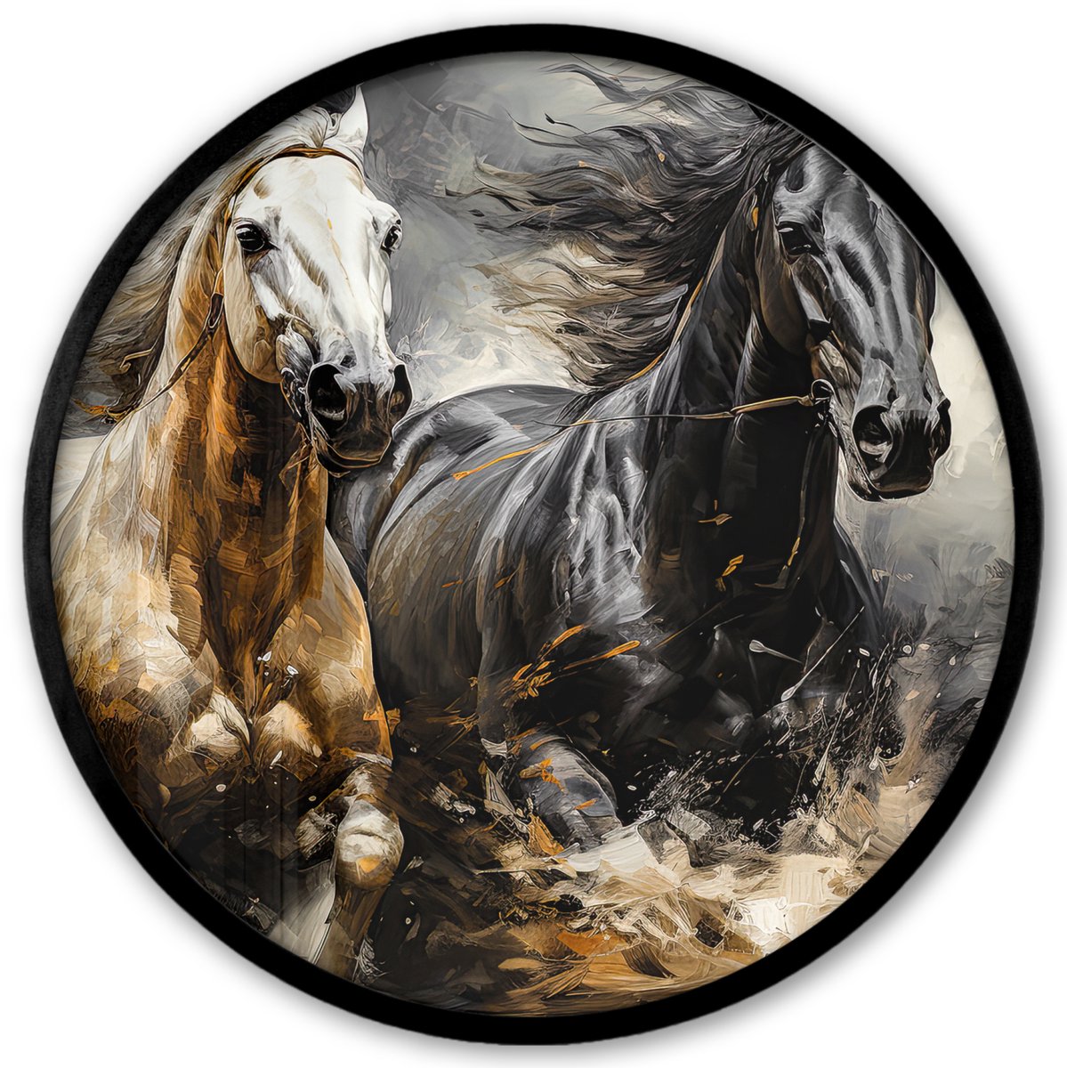 FrameYourWall Poster in lijst Rond - Fotolijst 40x40 cm - Posters - Paarden - Zwart - Wit - Dieren - Ronde posterlijst zwart - Decoratie - Wanddecoratie woonkamer - Muurdecoratie slaapkamer