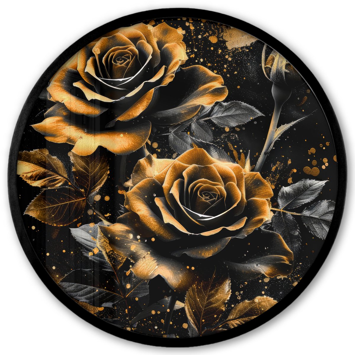 FrameYourWall Poster in lijst Rond - Fotolijst 40x40 cm - Posters - Rozen - Goud - Zwart - Bloemen - Modern - Ronde posterlijst zwart - Decoratie - Wanddecoratie woonkamer - Muurdecoratie slaapkamer
