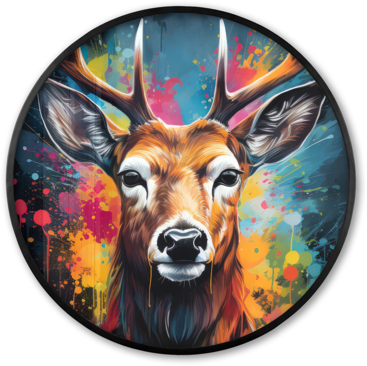 FrameYourWall Poster in lijst Rond - Fotolijst 80x80 cm - Posters - Hert - Graffiti - Dieren - Kleuren - Ronde posterlijst zwart - Decoratie - Wanddecoratie woonkamer - Muurdecoratie slaapkamer Multi