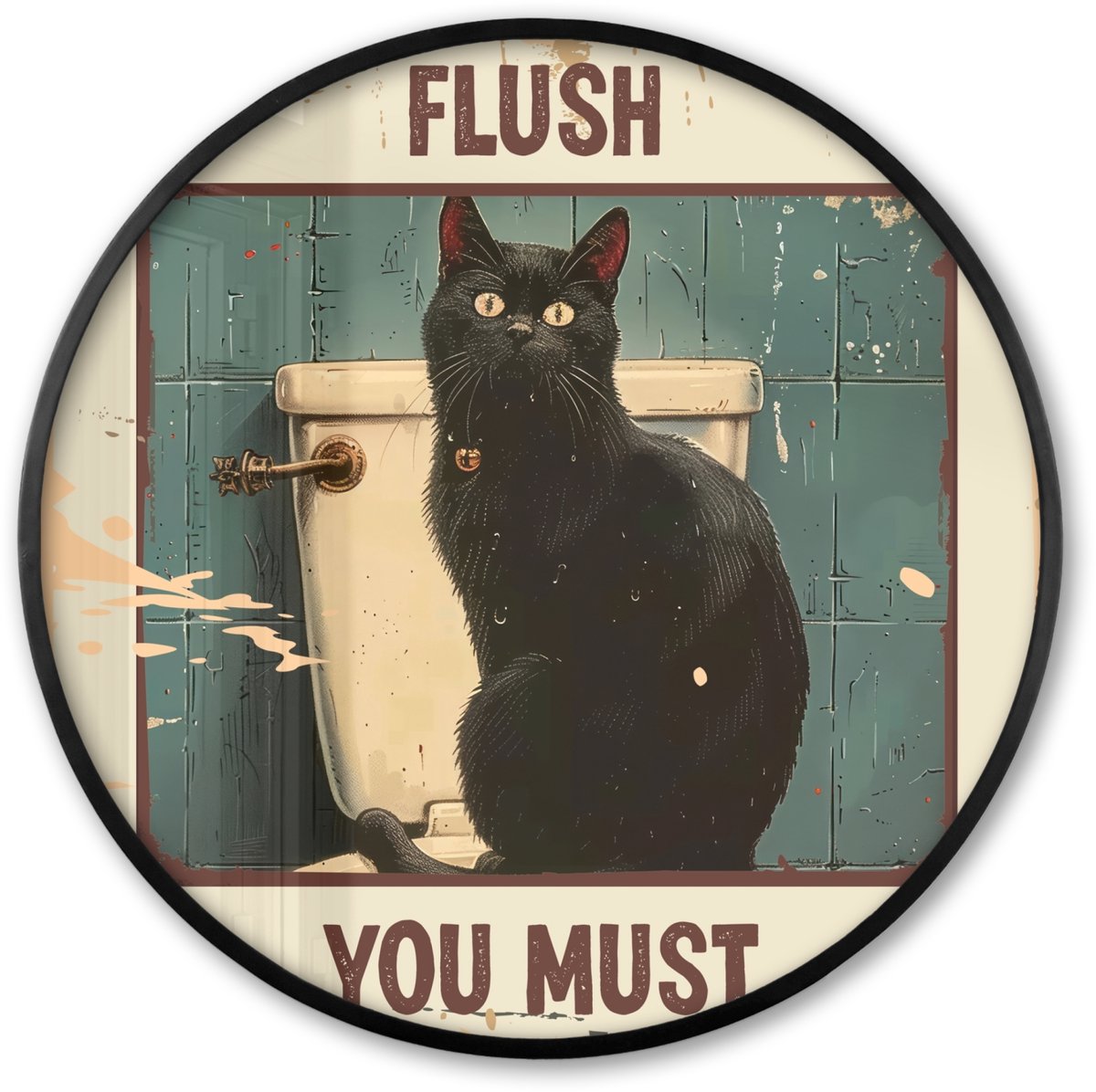 FrameYourWall Poster in lijst Rond - Fotolijst 80x80 cm - Posters - Kat - Vintage - Zwart - Quote - Flush you must - Ronde posterlijst zwart - Decoratie - Wanddecoratie woonkamer - Muurdecoratie slaapkamer Kat - WC - Quote