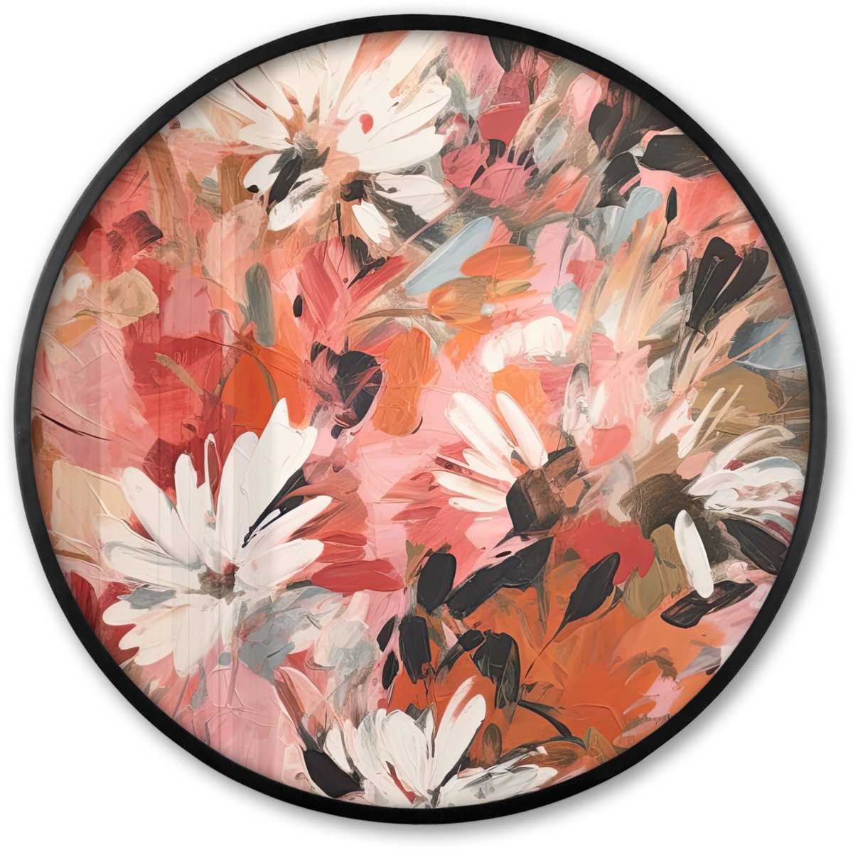 FrameYourWall Poster in lijst Rond - Fotolijst 60x60 cm - Posters - Bloemen - Kunst - Abstract - Verf - Ronde posterlijst zwart - Decoratie - Wanddecoratie woonkamer - Muurdecoratie slaapkamer Abstract - Bloemen