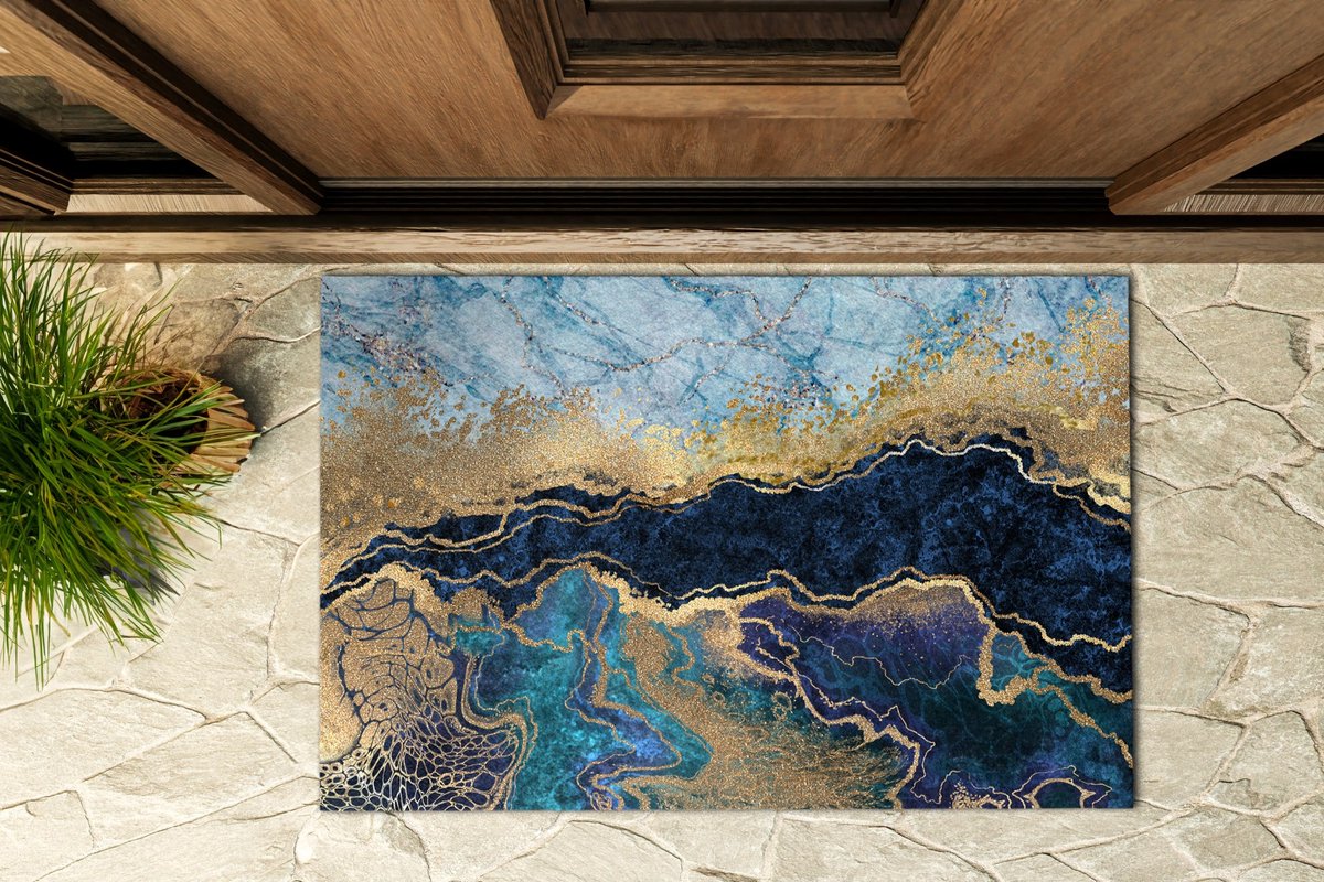 Coloray Buiten Deurmat - Blauw Grote Buiten Deurmat - Blauwe Marmer Stevige Entreemat - Woningdecoratie - Deurmat Voor Regenweer - Stijlvolle Deurmat Voor Moderne Woning - 90x60 cm Blauw - Blauwe Marmer