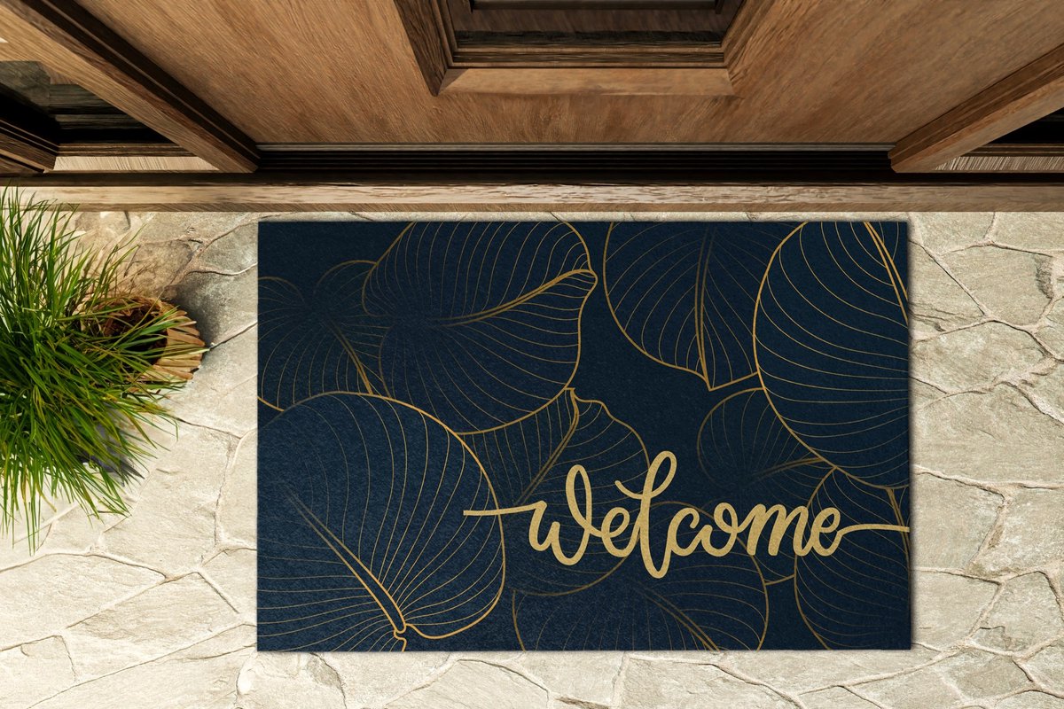 Coloray Buiten Deurmat - Marine Entreemat Buiten - Bladpatroon 'Welcome' Moddermat Buiten - Accessoire Voor De Voordeur - Voordeurmat Herfst - Grote Buiten Deurmat Voor Voordeur - 90x60 cm Marine - Bladpatroon 'Welcome'