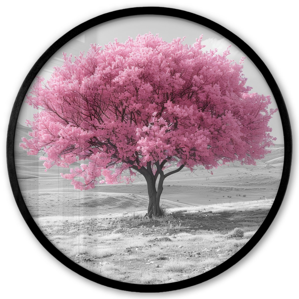 FrameYourWall Poster in lijst Rond - Fotolijst 40x40 cm - Posters - Boom - Natuur - Roze - Zwart wit - Ronde posterlijst zwart - Decoratie - Wanddecoratie woonkamer - Muurdecoratie slaapkamer