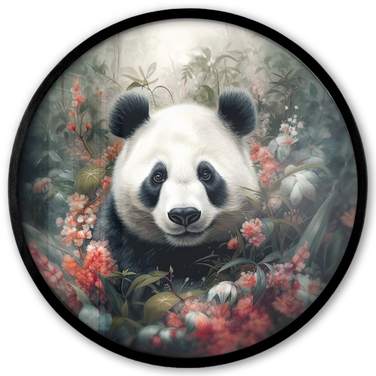 FrameYourWall Poster in lijst Rond - Fotolijst 40x40 cm - Posters - Panda - Wilde dieren - Bloemen - Natuur - Ronde posterlijst zwart - Decoratie - Wanddecoratie woonkamer - Muurdecoratie slaapkamer Panda - Bloemen