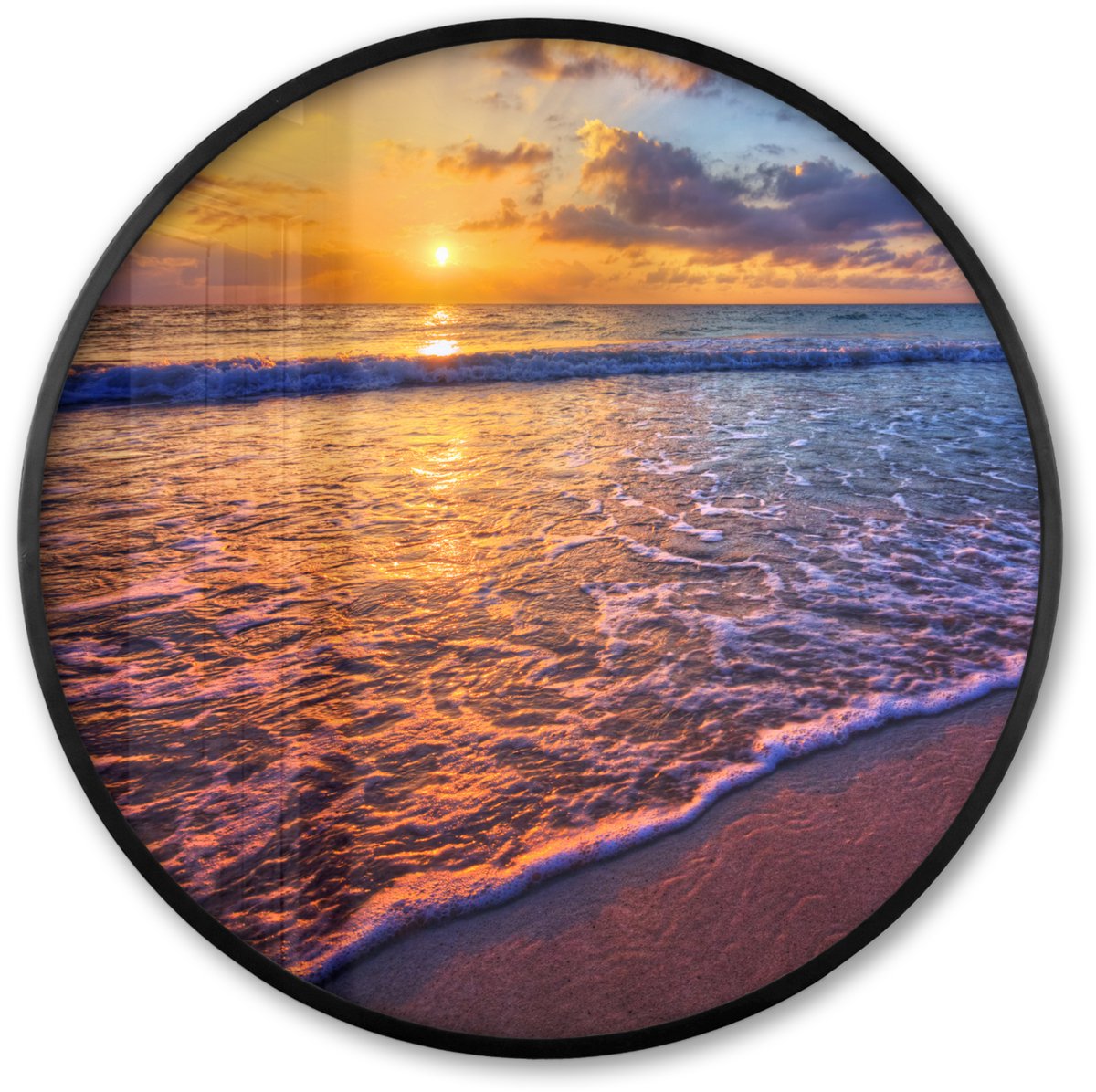 FrameYourWall Poster in lijst Rond - Fotolijst 80x80 cm - Posters - Zee - Strand - Zonsondergang - Wolken - Horizon - Ronde posterlijst zwart - Decoratie - Wanddecoratie woonkamer - Muurdecoratie slaapkamer