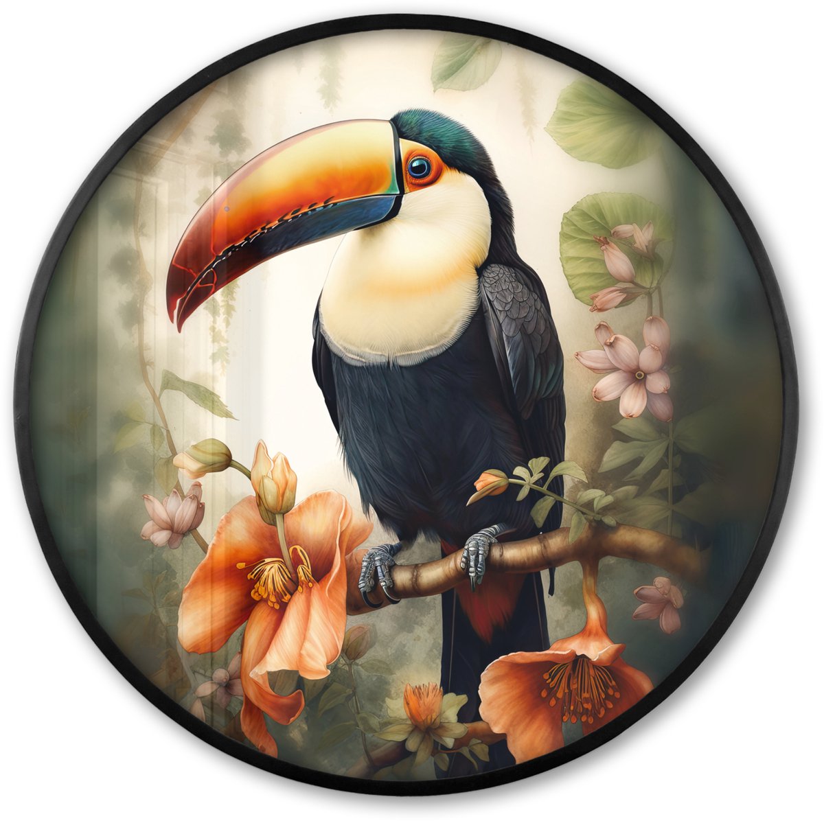 FrameYourWall Poster in lijst Rond - Fotolijst 60x60 cm - Posters - Toekan - Vogel - Bloemen - Planten - Ronde posterlijst zwart - Decoratie - Wanddecoratie woonkamer - Muurdecoratie slaapkamer Vogels - Toekan