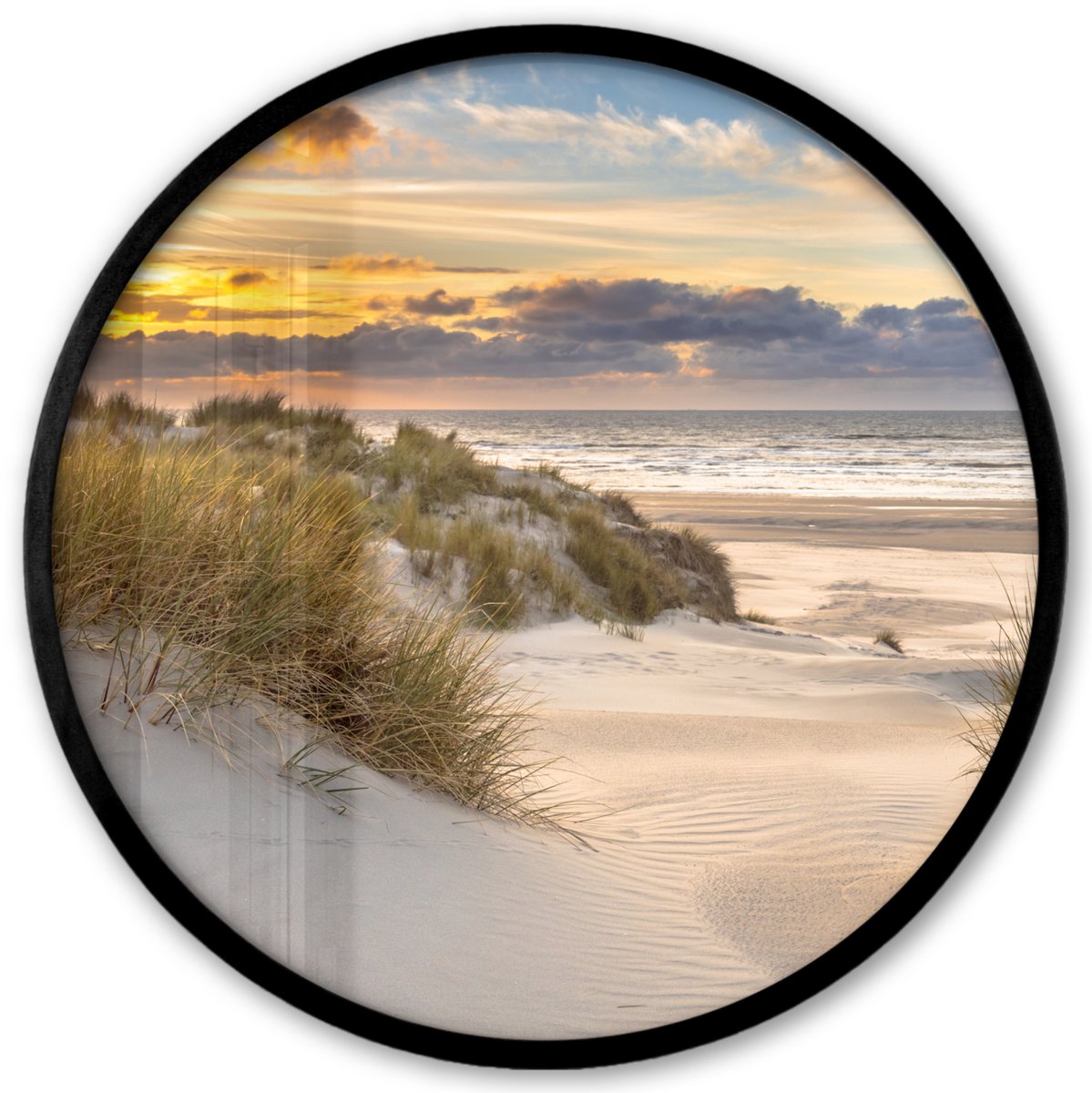 FrameYourWall Poster in lijst Rond - Fotolijst 40x40 cm - Posters - Strand - Duin - Gras - Zonsondergang - Zee - Ronde posterlijst zwart - Decoratie - Wanddecoratie woonkamer - Muurdecoratie slaapkamer Duinen