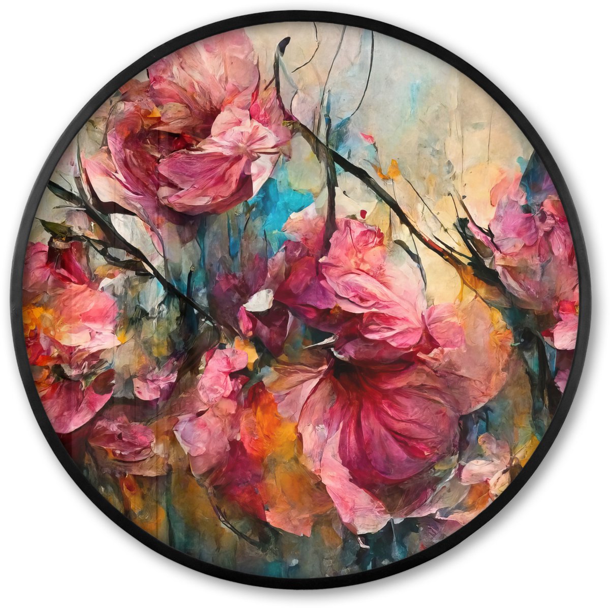 FrameYourWall Poster in lijst Rond - Fotolijst 80x80 cm - Posters - Kunst - Bloemen - Roze - Rozen - Natuur - Ronde posterlijst zwart - Decoratie - Wanddecoratie woonkamer - Muurdecoratie slaapkamer Roze bloemen - Kunst