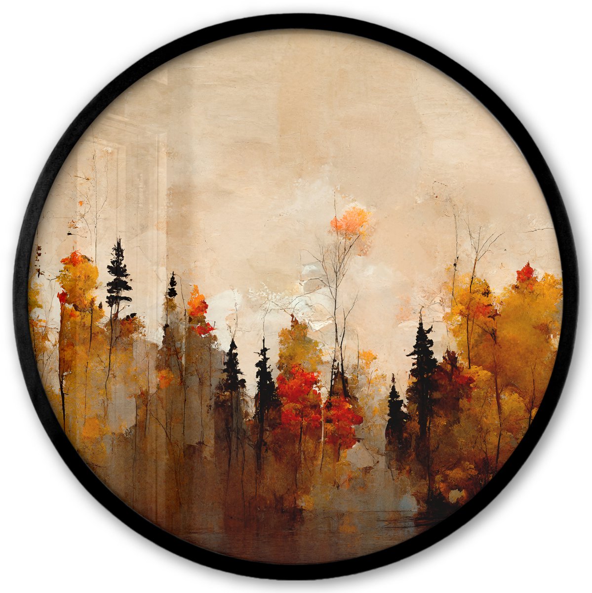 FrameYourWall Poster in lijst Rond - Fotolijst 40x40 cm - Posters - Natuur - Bomen - Kunst - Bruin - Beige - Ronde posterlijst zwart - Decoratie - Wanddecoratie woonkamer - Muurdecoratie slaapkamer