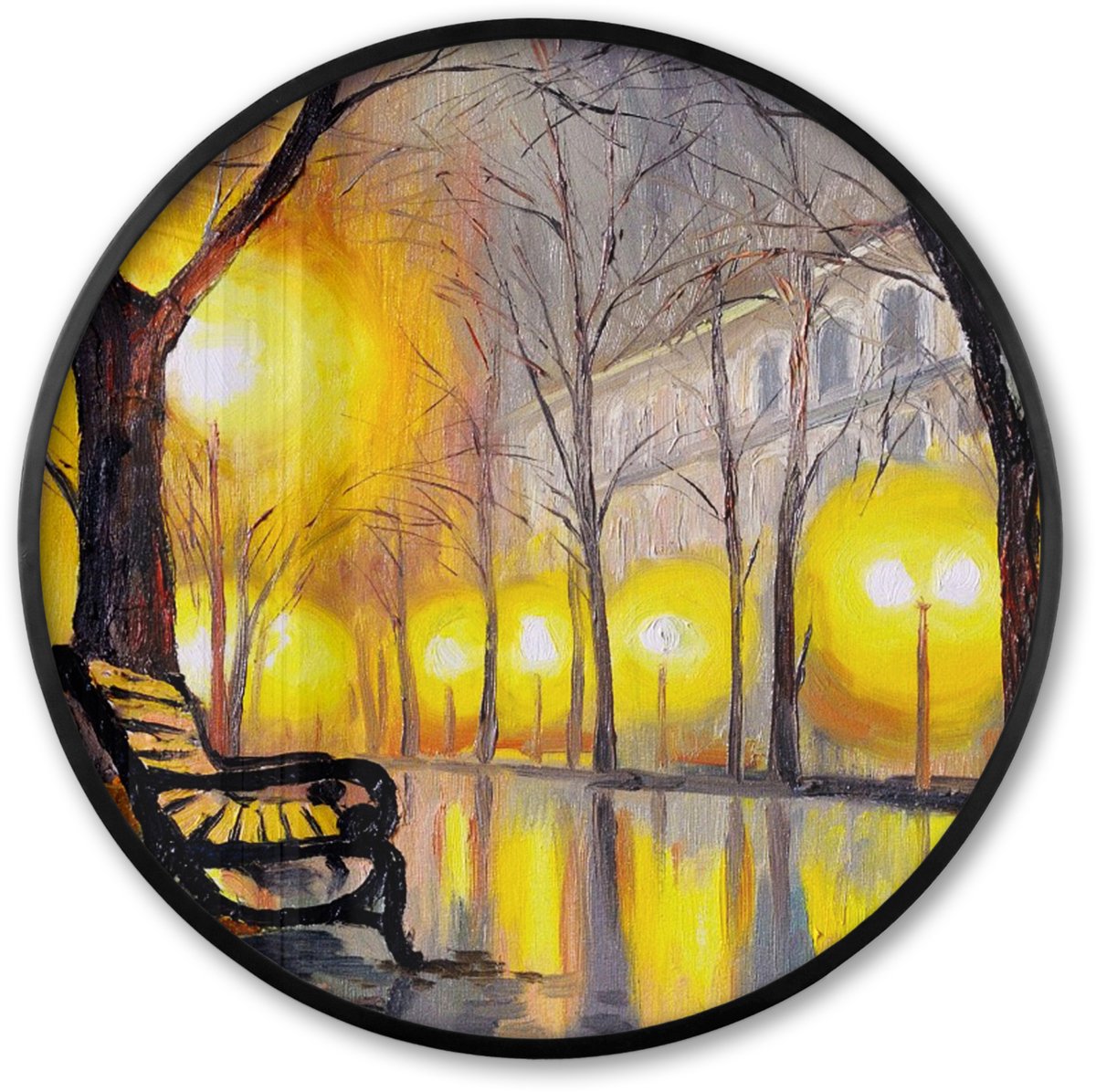 FrameYourWall Poster in lijst Rond - Fotolijst 80x80 cm - Posters - Schilderij - Bank - Water - Licht - Olieverf - Ronde posterlijst zwart - Decoratie - Wanddecoratie woonkamer - Muurdecoratie slaapkamer Olieverf - Straat