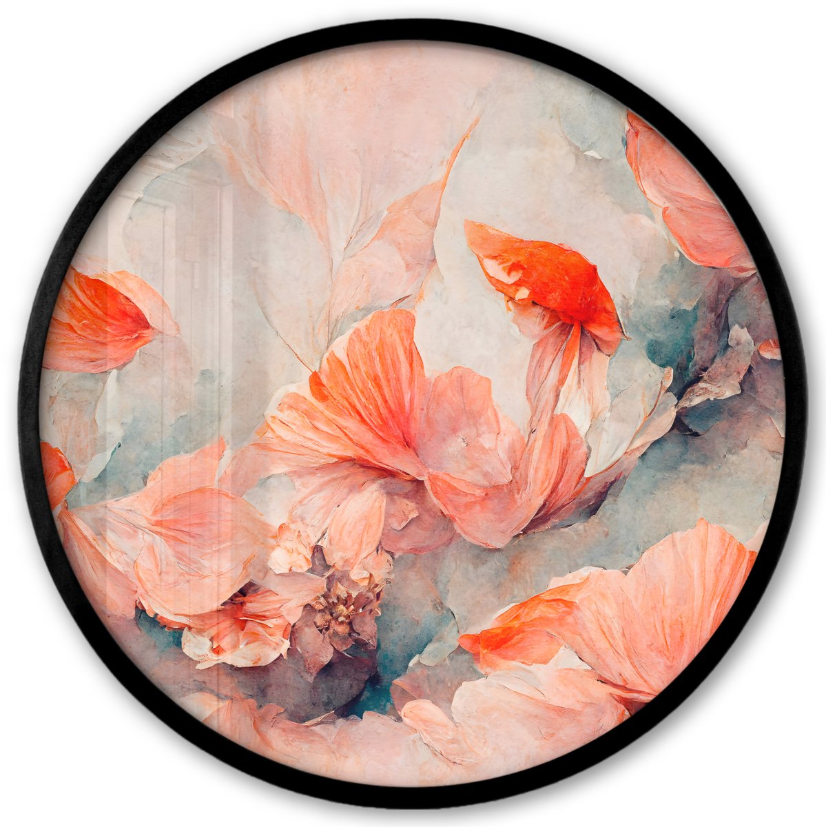 FrameYourWall Poster in lijst Rond - Fotolijst 40x40 cm - Posters - Bloemen - Bladeren - Planten - Roze - Ronde posterlijst zwart - Decoratie - Wanddecoratie woonkamer - Muurdecoratie slaapkamer