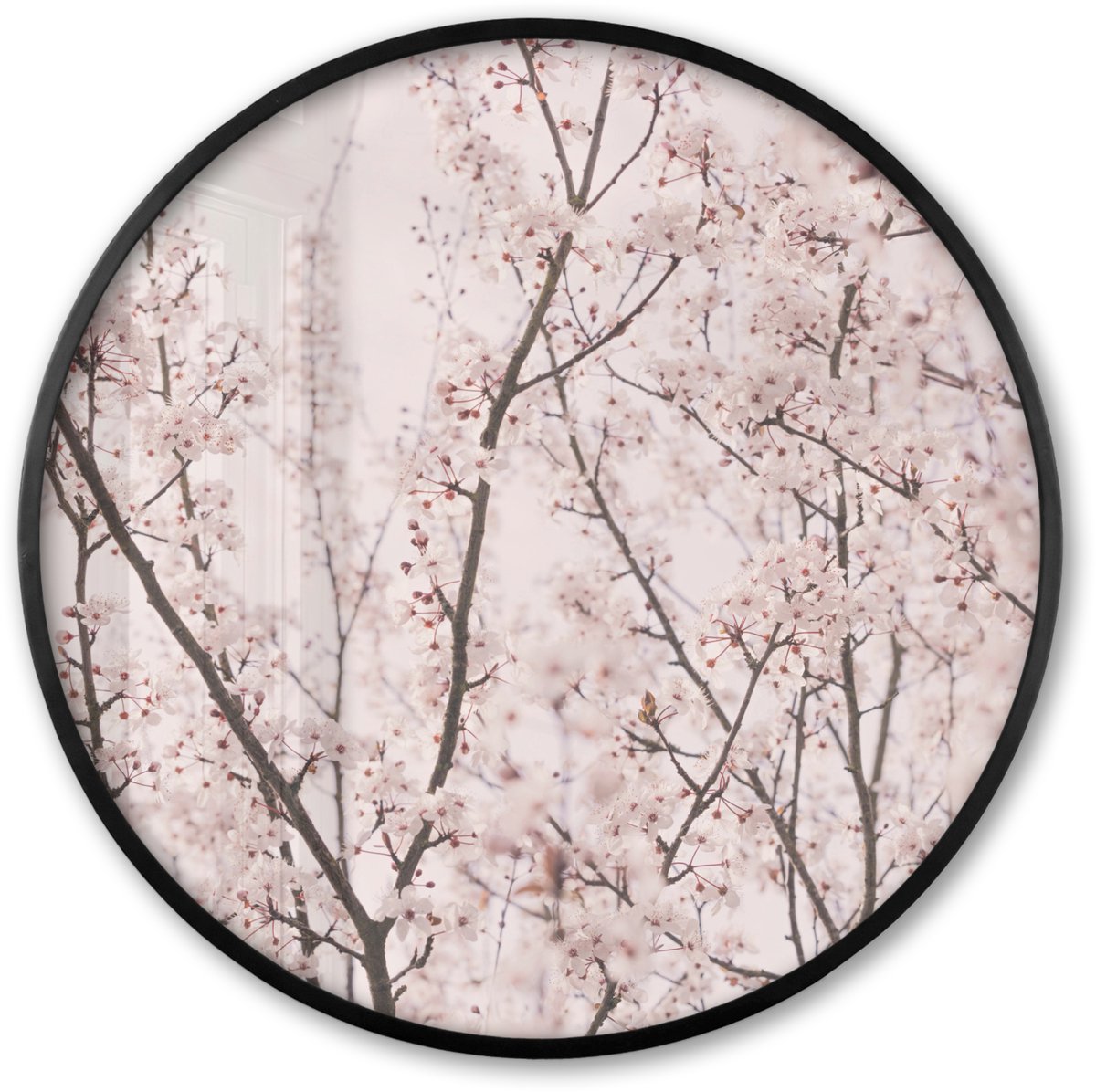 FrameYourWall Poster in lijst Rond - Fotolijst 60x60 cm - Posters - Bloesem - Bomen - Takken - Natuur - Roze - Ronde posterlijst zwart - Decoratie - Wanddecoratie woonkamer - Muurdecoratie slaapkamer Multicolor