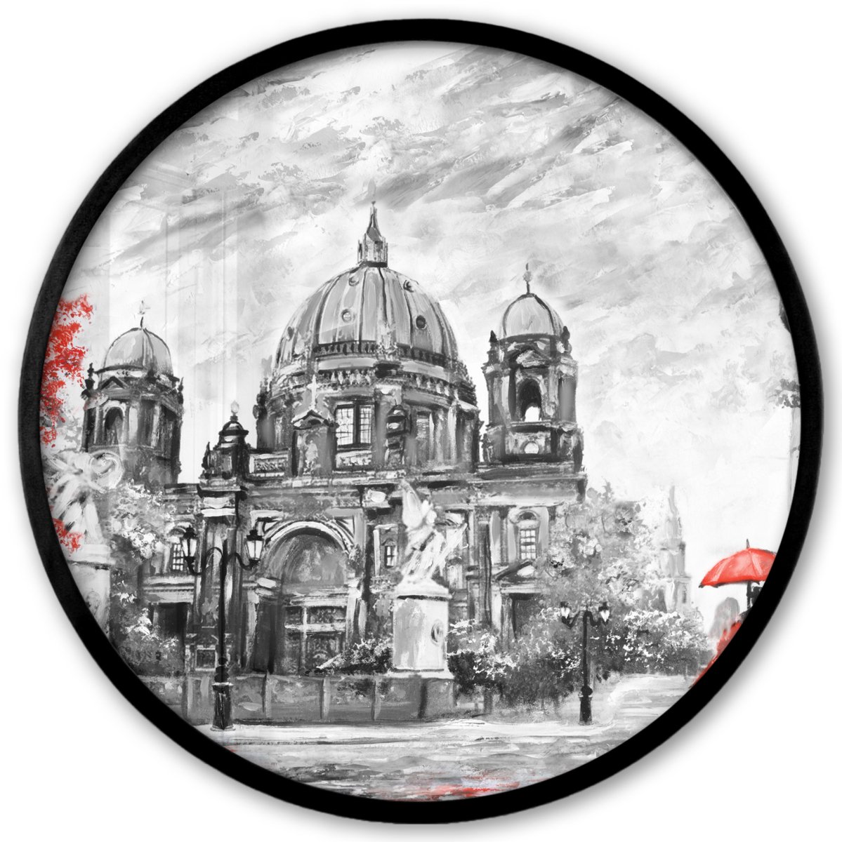 FrameYourWall Poster in lijst Rond - Fotolijst 40x40 cm - Posters - Schilderij - Architectuur - Boom - Rood - Ronde posterlijst zwart - Decoratie - Wanddecoratie woonkamer - Muurdecoratie slaapkamer Behangcirkel - Architectuur
