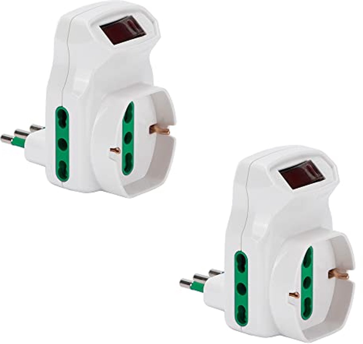 Set van 2 Adapters met Drievoudige Stekker - Overbelastingsbeveiliging en Veiligheidsschakelaar - 10A Klein