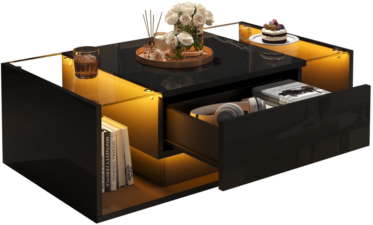 Merax Salontafel 100 x 50 x 31 cm – Moderne Zwarte Hoogglans Koffietafel met Gehard Glas - LED Verlichting en Lade – Design Bijzettafel voor Woonkamer