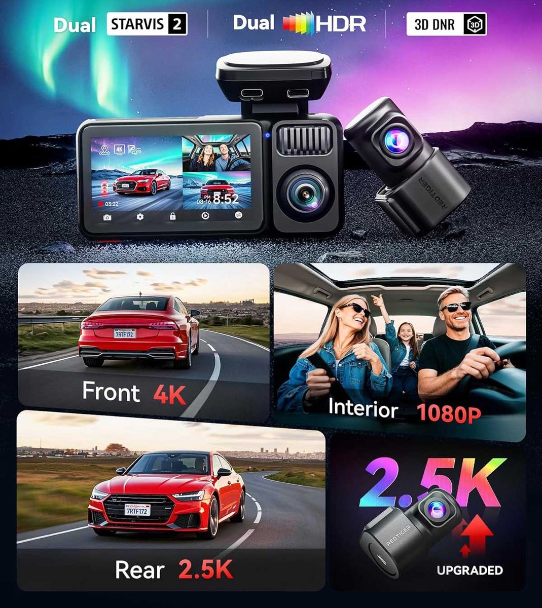 RedTiger F17 Elite 4K 128gb night vision dashcam - 4K + 2x Full HD resolutie met Sony Starvis 2 sensoren - 128gb Micro SD kaart - 3,0 inch touchscreen Lcd thumbnail 4
