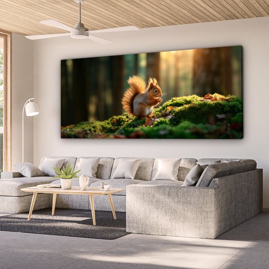 Tableau sur toile 200x100 cm - Décoration murale exclusive Écureuil - Noix - Herbe - Décoration murale salon - Décoration chambre - Accessoires chambre - Peintures sur toile
