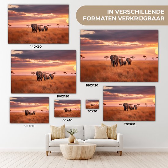 Tableau sur toile 120x80 cm - Décoration murale exclusive - Groupe d'éléphants - Plaine ouverte - Soleil - Décoration murale murale salon - Décoration chambre - Accessoires de décoration - Peintures sur toile
