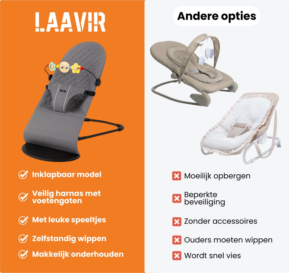 Laavir® Baby Wipstoel - Inklapbaar & Draagbaar - Verstelbare Rugleuning - Speelboog & Veiligheidsgordel - Grijs – foto 6