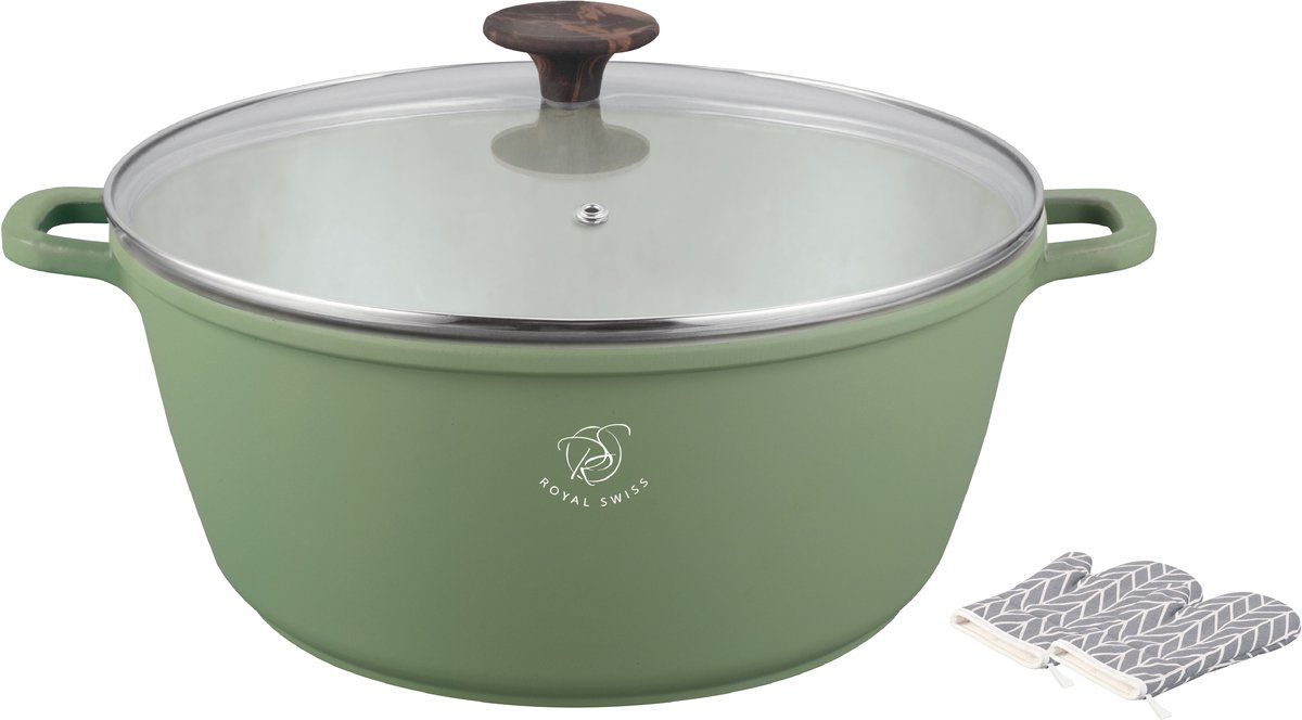 Royal Swiss® – Pan Ø32 cm – 9,5 L – Groen – Marmeren Coating – Koudgrepen – Geschikt voor Alle Warmtebronnen inclusief Inductie – Met Glazen Deksel