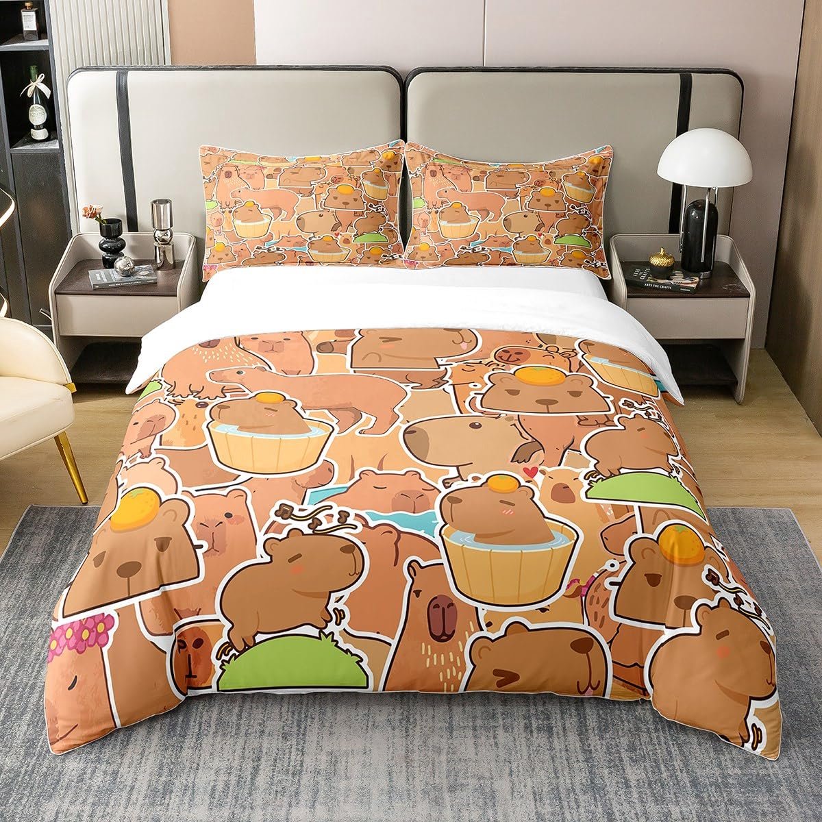Azomor® Kinderbeddengoedset van Katoen met Capybara Ontwerp en Oranje Bruin Patroon