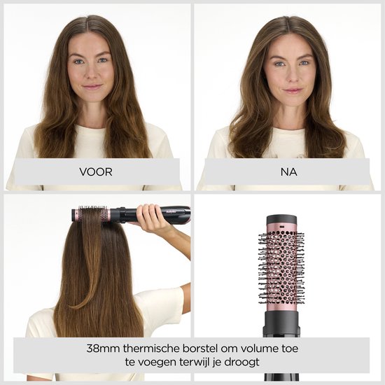 Voor- en nafoto's van haar, met de 38mm thermische borstel in gebruik. '38mm thermische borstel om volume toe te voegen terwijl je droogt'.