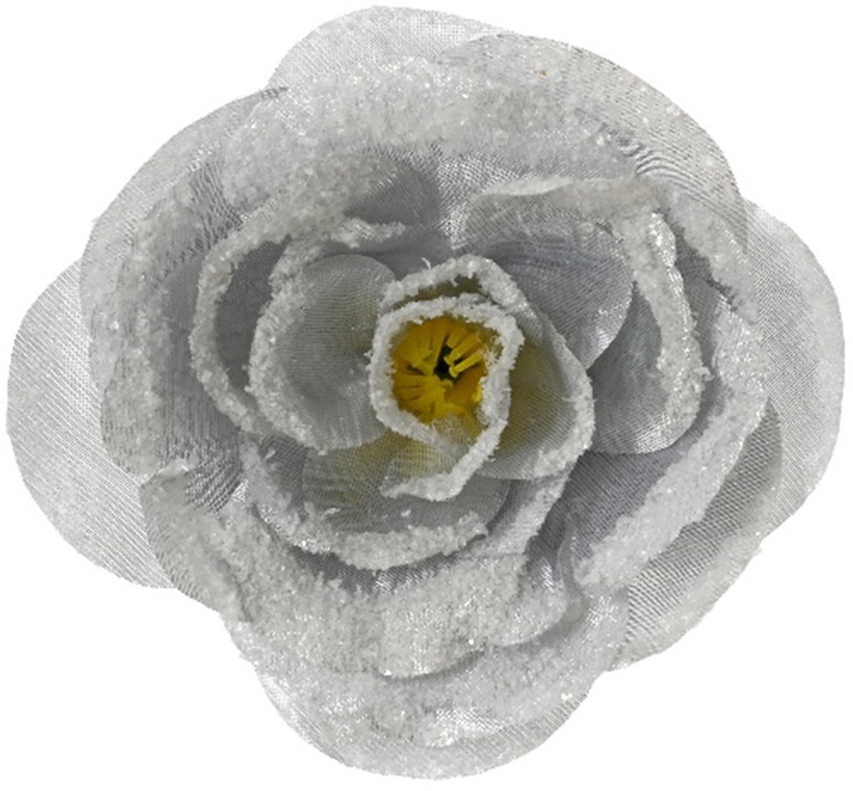 Decoris Kerstboomversiering Bloem - 12 cm - zilver glitter - op clip - ornament - roos