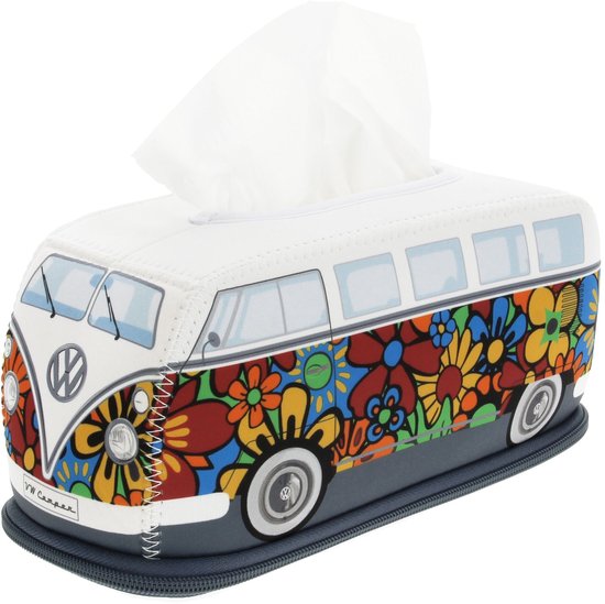 Een witte Volkswagen T1 Bulli bus tissuebox, zijkant zichtbaar, met een bloemenprint.